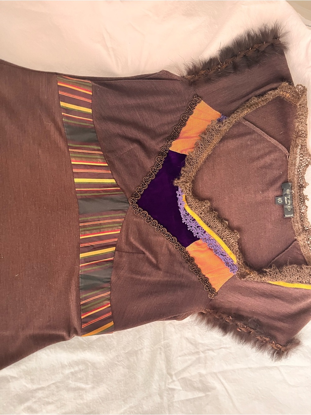 Etro Milano Vintage Striped Knit Top with Fur Collar & Lace Trims